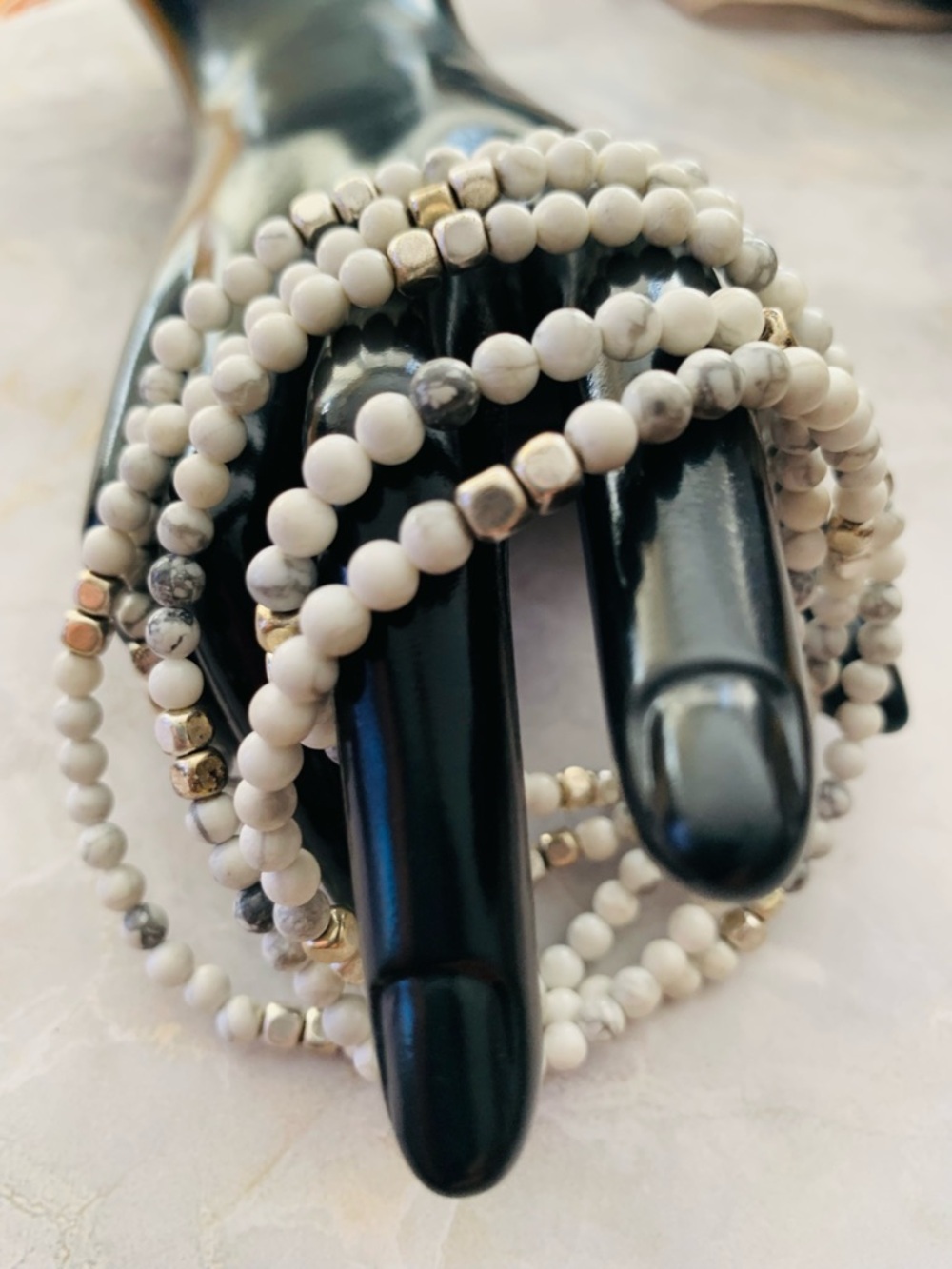 Marlyn Schiff White Stone and Silver Beaded Stretch Wrap